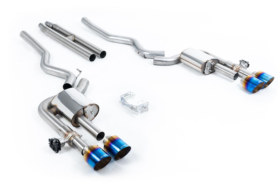 Ford Mustang 5.0 V8 Dark Horse/ Mach 1 - Active Valved Cat Back with H Pipe and Burnt/Blue Titanium Tips